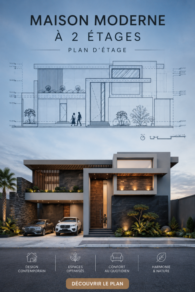Un plan de maison moderne sur deux étages, mettant en avant un design élégant et fonctionnel.
