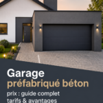 Vue d'un garage préfabriqué moderne en béton dans une cour