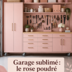 Un garage rénové avec des touches de rose pastel et un espace de rangement organisé.