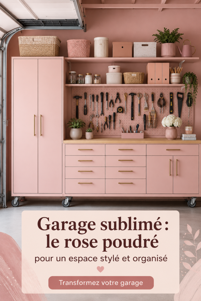 Un garage rénové avec des touches de rose pastel et un espace de rangement organisé.