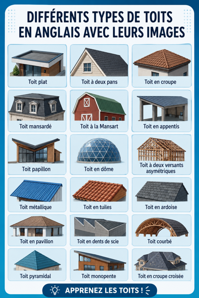 Différents types de toits illustrés, allant du plat au en pente.