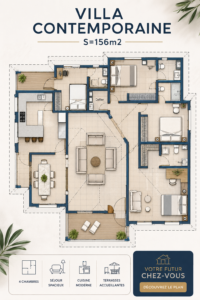 Vue extérieure d'une villa contemporaine de 156m²