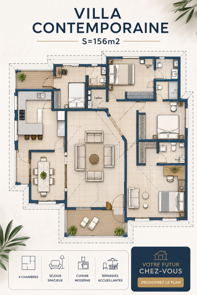 Vue extérieure d'une villa contemporaine de 156m²
