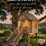 Cabane dans les arbres aménagée pour l'été, décorée avec des coussins et des lumières