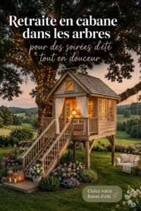 Cabane dans les arbres aménagée pour l'été, décorée avec des coussins et des lumières