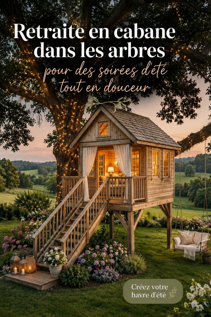 Cabane dans les arbres aménagée pour l'été, décorée avec des coussins et des lumières