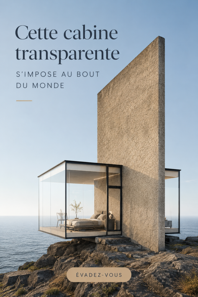 Vue extérieure d'une cabane transparente au bord d'une falaise avec un panorama spectaculaire