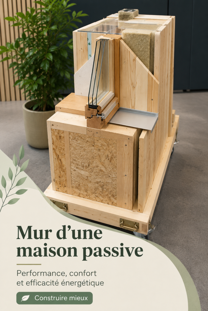 Illustration de murs passifs en construction avec des matériaux écologiques, représentant des techniques durables.