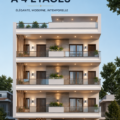 Maison à quatre étages avec une élévation moderne et stylée.
