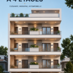 Maison à quatre étages avec une élévation moderne et stylée.