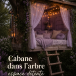 Espace de détente aménagé dans les branches d'un arbre, équipé de coussins confortables et de décorations naturelles.