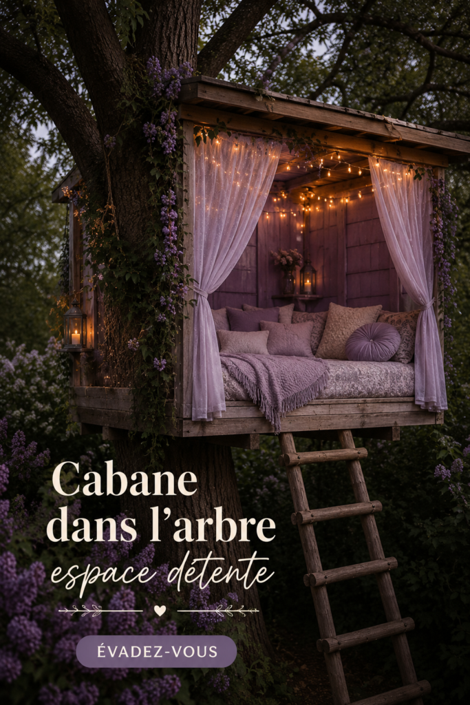 Espace de détente aménagé dans les branches d'un arbre, équipé de coussins confortables et de décorations naturelles.