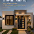 Façade moderne d'une maison avec porte noire et éclairage architectural.