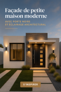 Façade moderne d'une maison avec porte noire et éclairage architectural.