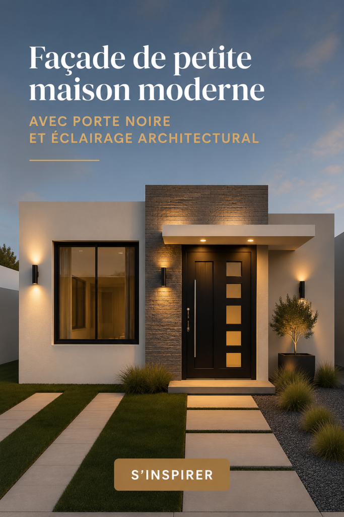 Façade moderne d'une maison avec porte noire et éclairage architectural.
