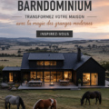 Un barndominium moderne avec une façade en bois et des grandes fenêtres, mélangeant architecture contemporaine et charme rustique.