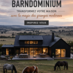 Un barndominium moderne avec une façade en bois et des grandes fenêtres, mélangeant architecture contemporaine et charme rustique.