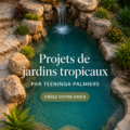 Un jardin tropical coloré avec des plantes exotiques et fleuries.