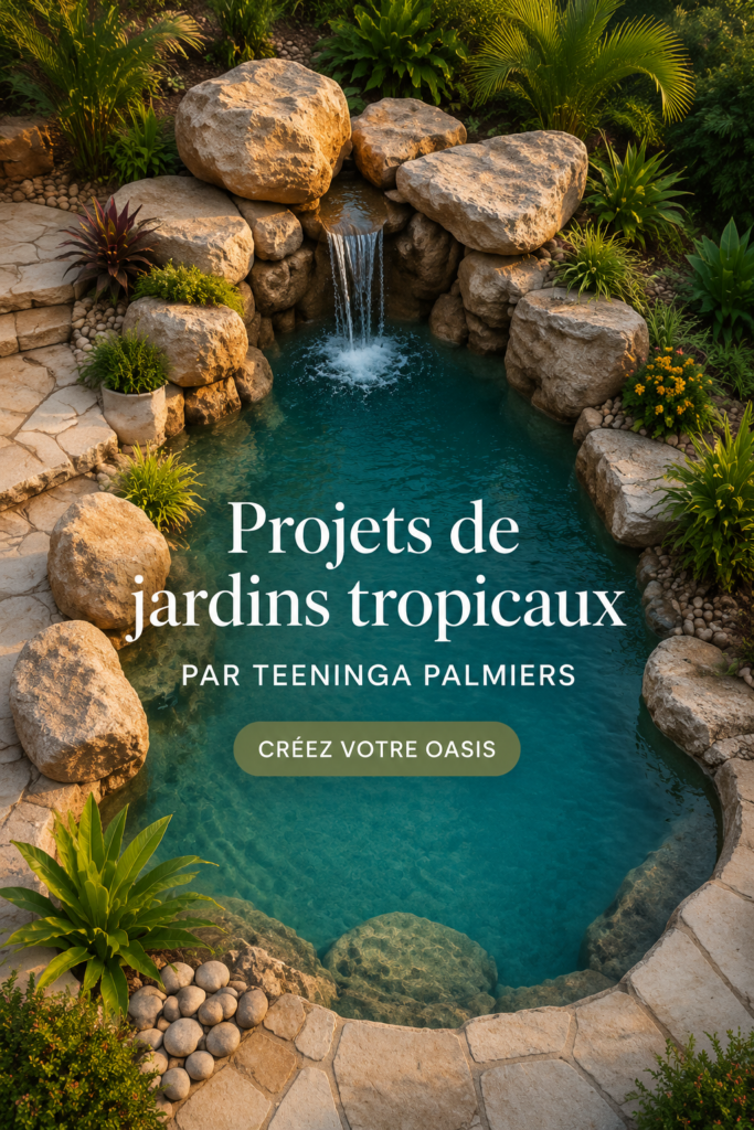 Un jardin tropical coloré avec des plantes exotiques et fleuries.