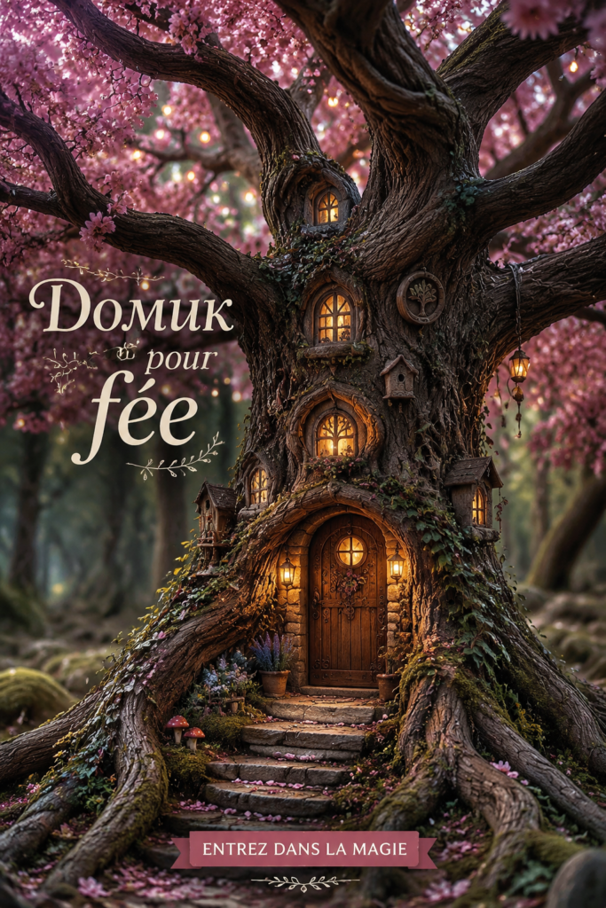 Un jardin féerique pour enfants avec des petites maisons en bois et des fleurs colorées.