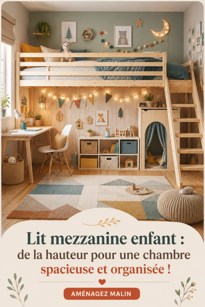 Un lit mezzanine coloré dans une chambre d'enfant, optimisant l'espace de rangement.