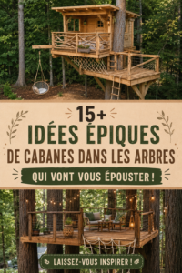 Une belle maison dans les arbres en bois, entourée de verdure, prête à accueillir des enfants.