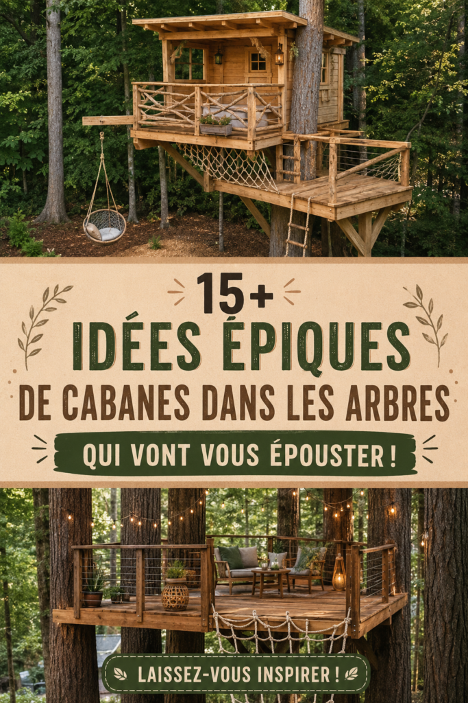 Une belle maison dans les arbres en bois, entourée de verdure, prête à accueillir des enfants.