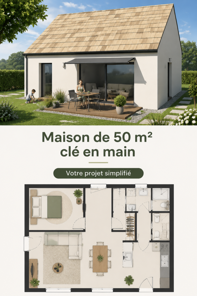 Maison clé en main de 50 m² avec un aménagement intérieur optimisé.