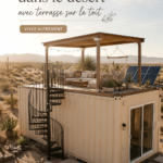Une maison conteneur moderne construite dans le désert avec un magnifique rooftop et un paysage désertique en arrière-plan.