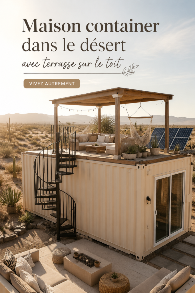 Une maison conteneur moderne construite dans le désert avec un magnifique rooftop et un paysage désertique en arrière-plan.