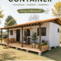 Maison en conteneur moderne entourée de verdure.