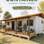 Maison en conteneur moderne entourée de verdure.