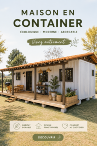 Maison en conteneur moderne entourée de verdure.