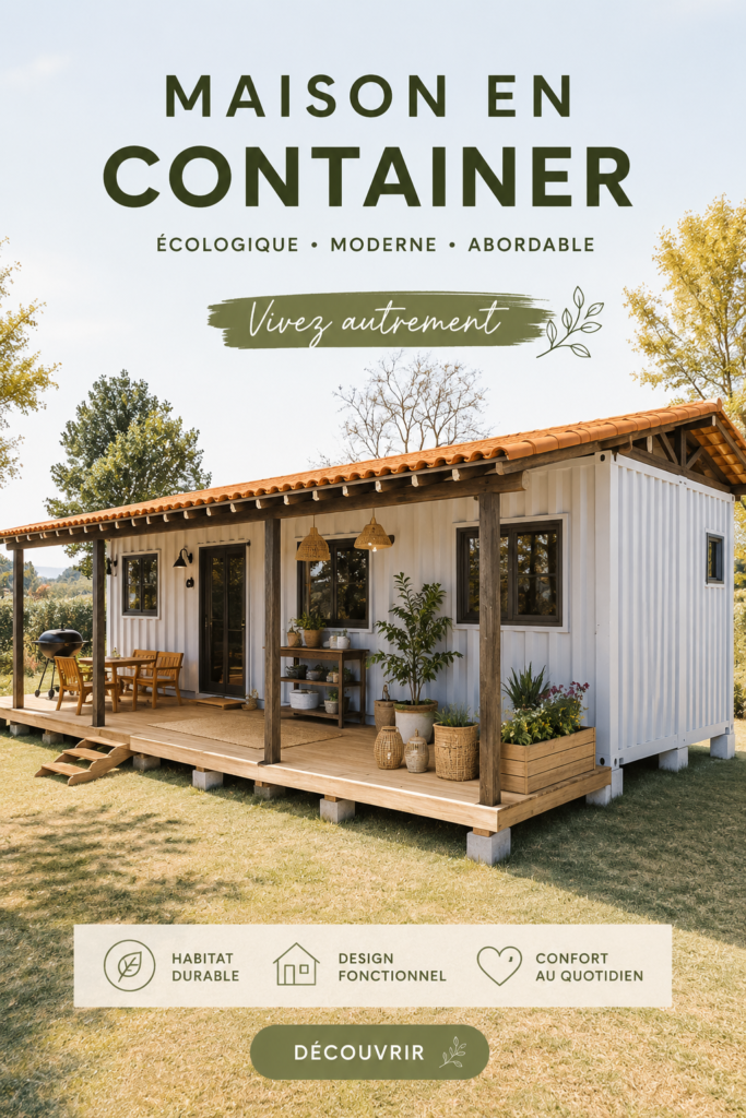Maison en conteneur moderne entourée de verdure.