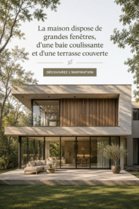 Maison moderne avec grandes fenêtres et une porte coulissante donnant sur le jardin