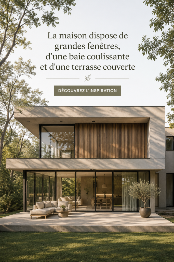 Maison moderne avec grandes fenêtres et une porte coulissante donnant sur le jardin