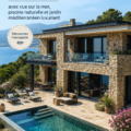 Vue extérieure d'une maison passive avec une vue sur la mer et un jardin luxuriant.