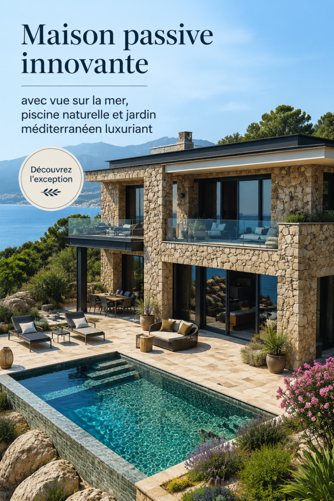 Vue extérieure d'une maison passive avec une vue sur la mer et un jardin luxuriant.