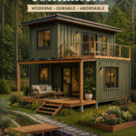Maison conteneur moderne et accueillante entourée de verdure
