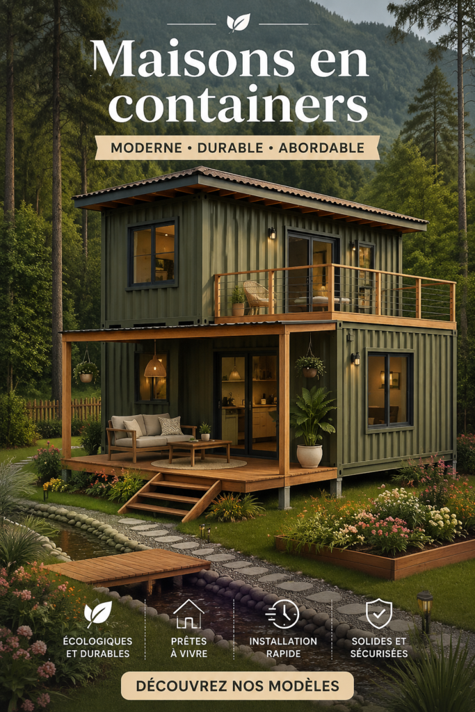 Maison conteneur moderne et accueillante entourée de verdure