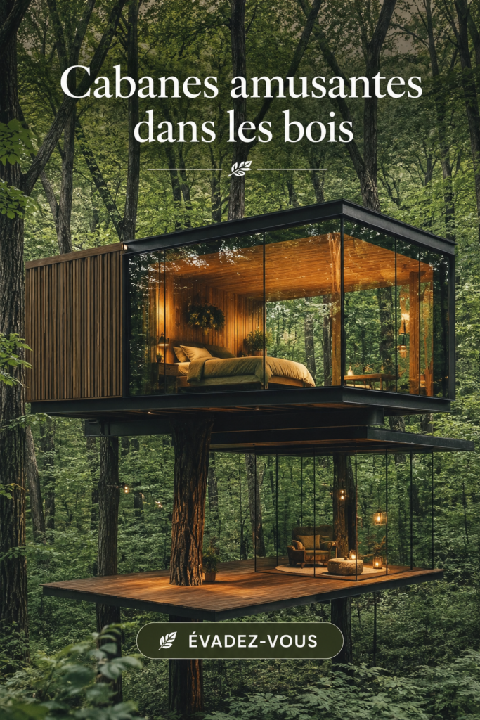 Maison dans les arbres entourée de verdure, un espace de détente en pleine nature.