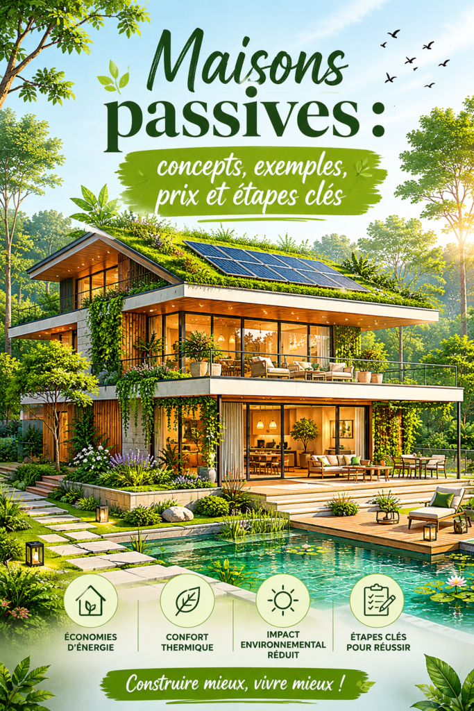 Une maison passive moderne avec une architecture écologique et un jardin luxuriant.