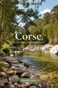 Une vue panoramique d'une piscine naturelle en Corse, entourée de paysages montagneux.