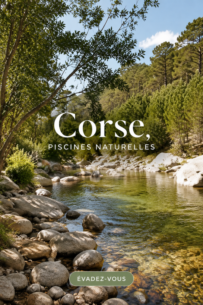 Une vue panoramique d'une piscine naturelle en Corse, entourée de paysages montagneux.