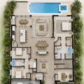 Plan de maison côtière moderne avec 4 chambres et 3 salles de bains.