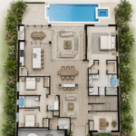 Plan de maison côtière moderne avec 4 chambres et 3 salles de bains.