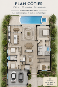 Plan de maison côtière moderne avec 4 chambres et 3 salles de bains.