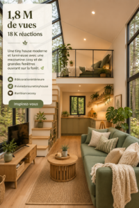Un design moderne de tiny house avec des fenêtres donnant sur la forêt.