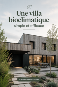 Vue d'une belle villa bioclimatique intégrée dans la nature, avec des matériaux écologiques.