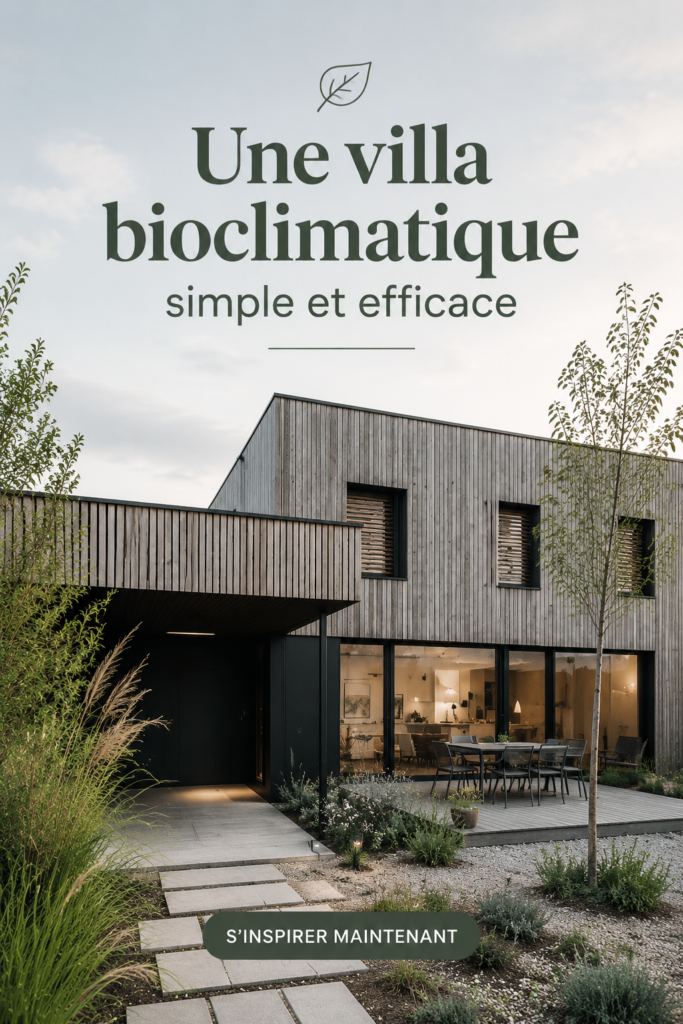 Vue d'une belle villa bioclimatique intégrée dans la nature, avec des matériaux écologiques.